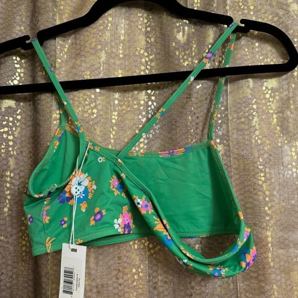 Frankie’s Bikinis Green Floral Oliver One Shoulder Bikini Top Meadow M NWT